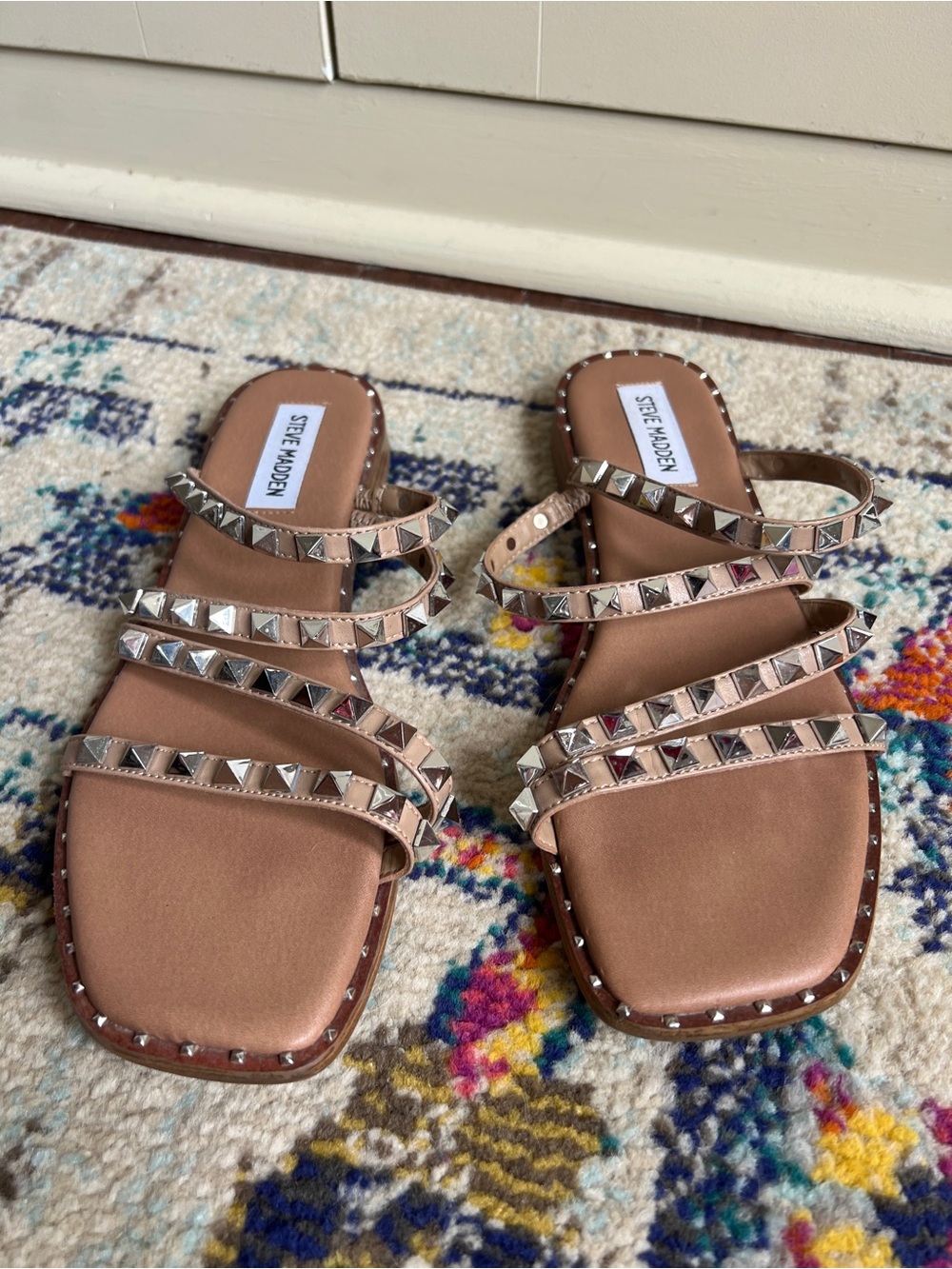 Steve Madden Skyler Studded Three-Band Slide Sandals in Tan size 8